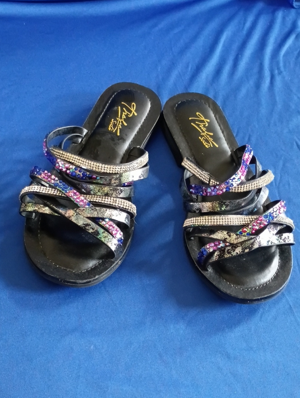 Thalia Sodi Black Slide Sandals with Multicolor Sequin and Rhinestone Straps